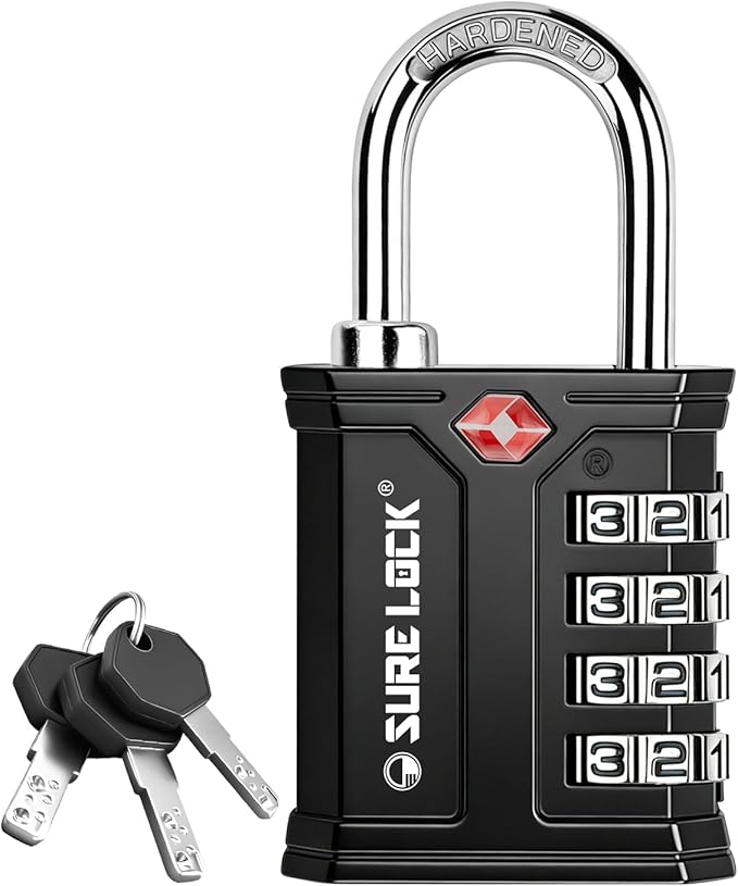 SURE LOCK TSA Accepted 4 Dig Heavy Duty Big Combination Luggage Padlock All Metal Travel Lock for Equipment Hard Case Luggage Gun Case Gym Locker Pelican Vault Lock (1, BLK-Dual-Opening: Combo or Key)