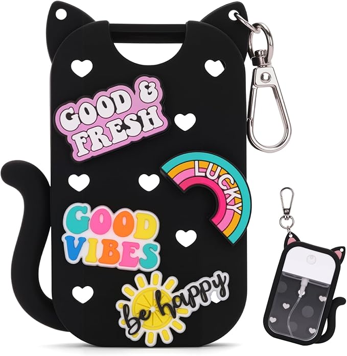 Silicone Case Holder Compatible with Hand Sanitizer Spray Touchland 1 fl oz, Cute Cat Ear Protective Case with Keychain & 4 Decorative Charms (Black, 1P)