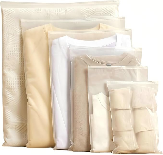 Travel Storage Bags - 25 Pcs Waterproof Clothing Packing Bags with Zipper, Frosted Plastic Bags for Clothes, Shoes, Toiletries & Cosmetics Organizers, 5-Size