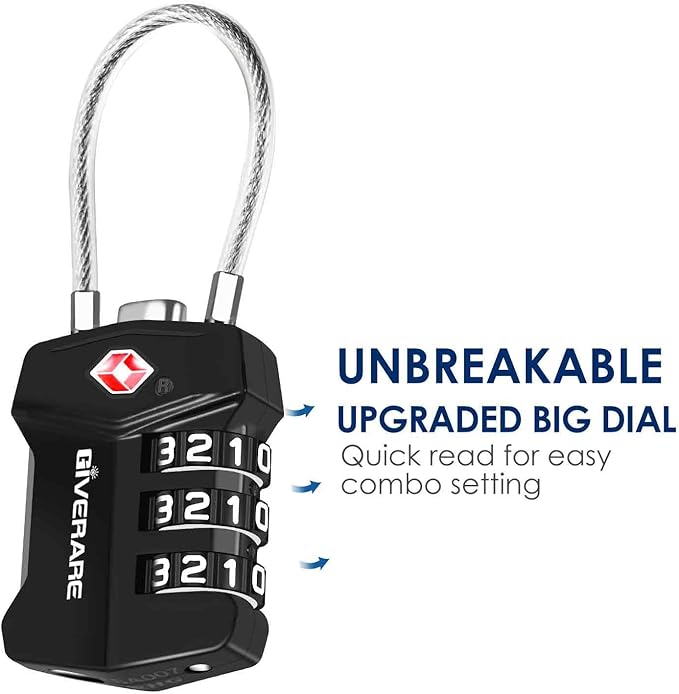 2 Pack TSA Approved Travel Luggage Locks, Cable Combination Lock Alloy, Metal Keyless 3-Digit Padlocks, Weatherproof TSA Accepted Padlock for Gym Locker, Golf Bag Case, Backpack, Black-by GIVERARE