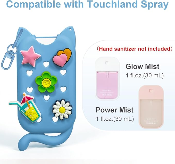 Cat Silicone Case with Keychain & Charms for Touchland Hand Sanitizer Spray, Protective Holder Compatible with Power Mist & Glow Mist 1 FL Oz/30ML