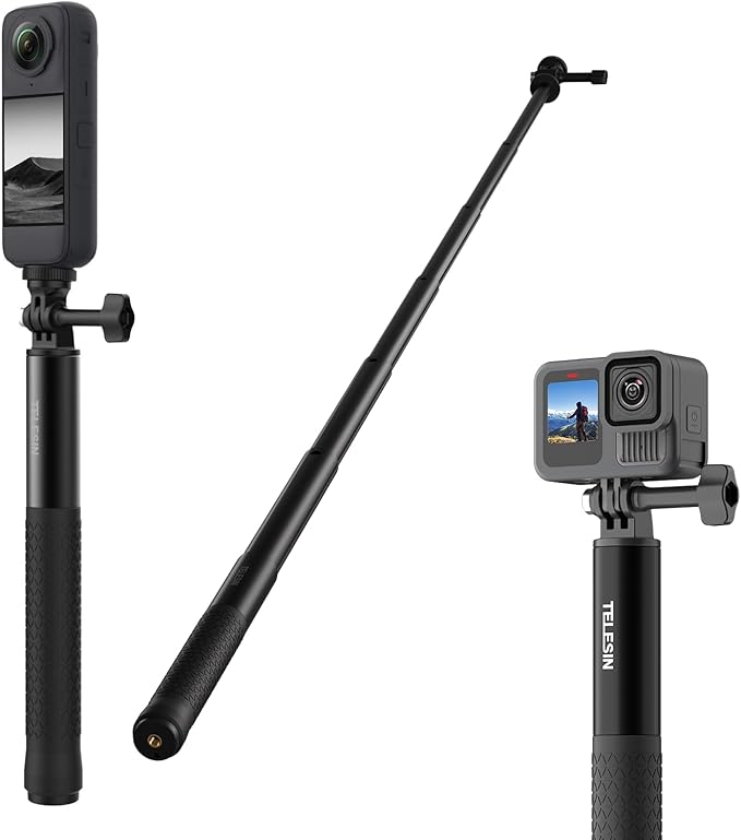 TELESIN 60" Selfie Stick for GoPro, Portable Extended Vlog Invisible Pole for GoPro Hero 13 12 11 DJI Action 6 5 4 Osmo Nano/360 Insta360 Xtra Muse Handheld Monopod for Travel, Action Camera Accessory