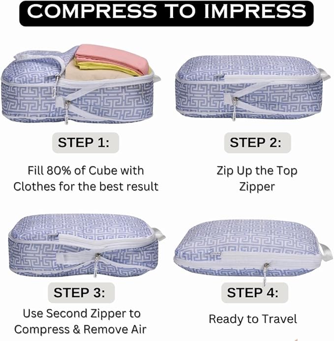 Compression Packing Cubes Organizer Bags for Suitcase & Backpack, Packing Cubes for Travel, Lightweight Luggage Organizers, Travel Cubes for Packing, Vacation Essentials - 3pc Set - Light Blue Boho