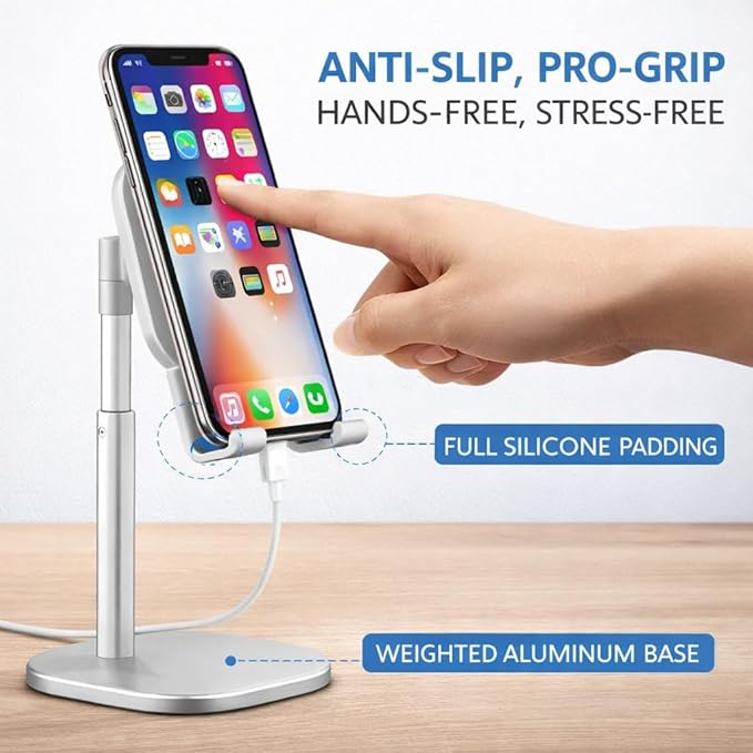 Mizi Cell Phone Stand - Adjustable Angle & Height Desk Phone Holder Dock Compatible with iPhone 17/16/15 Pro Max, Samsung Galaxy, iPad, Switch & All Smartphones (3.5–10 Inch) - White