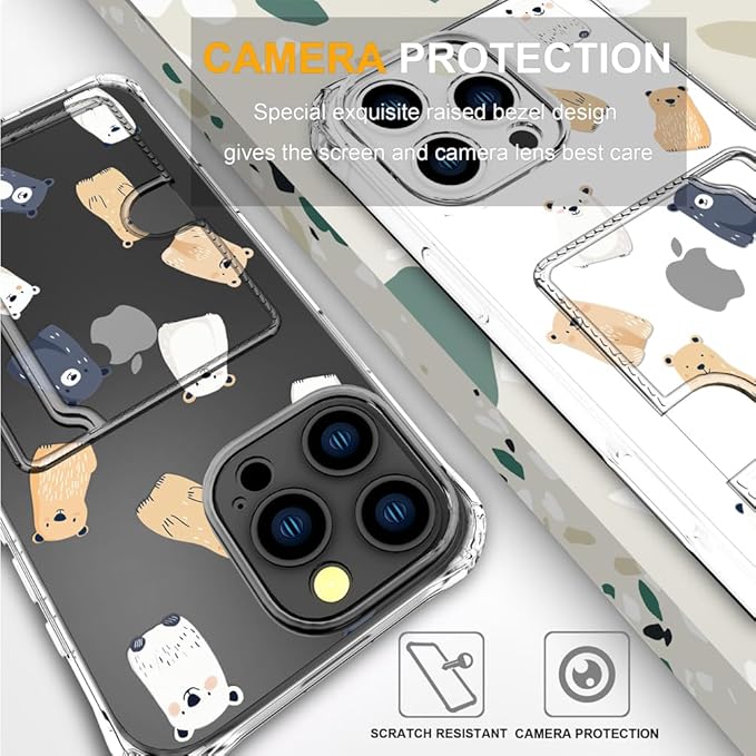 Compatible with iPhone 16 Pro Max Case Card Holder for Women Cute Design,Wallet Phone Cases Transparent Cool Kawaii Protective (Clear Lovely Bears Funny)