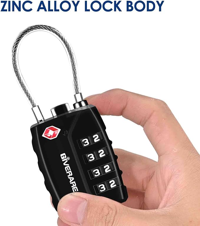 2 Pack TSA Approved Travel Luggage Locks, 4-Digit Metal Cable Combination Suitcase Lock, Alloy Padlocks, Weatherproof Padlock for Locker, Golf Bag, Gun Case, Backpack, Anti Theft-Black&Silver