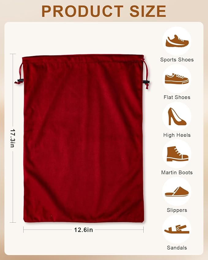 FantasyLife Shoe Bags for Travel, Washable Dust Bags for Storage & Packing, Flannel Shoe Pouch with Drawstring Closure for Purses, Handbags, Shoes & Toys (2, Rio Red, 17.3"x12.6")