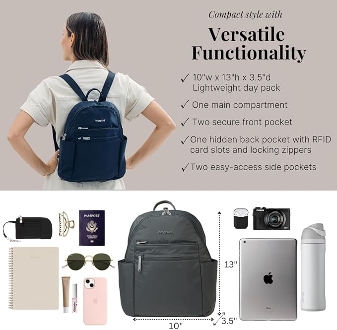 Baggallini Securtex® Anti-theft Vacation Travel Backpack 10x13 Slash-Resistant Nylon Daypack w/RFID, Charcoal