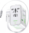 75W Tiny Universal Travel Adapter with 70cm Retractable Cable, GaN Fast Charging European Plug Adapter, 5 Ports (1 AC, 1 USB-A, 3 USB-C), with Smart Chip for Over 200 Countries, PD&QC Charger