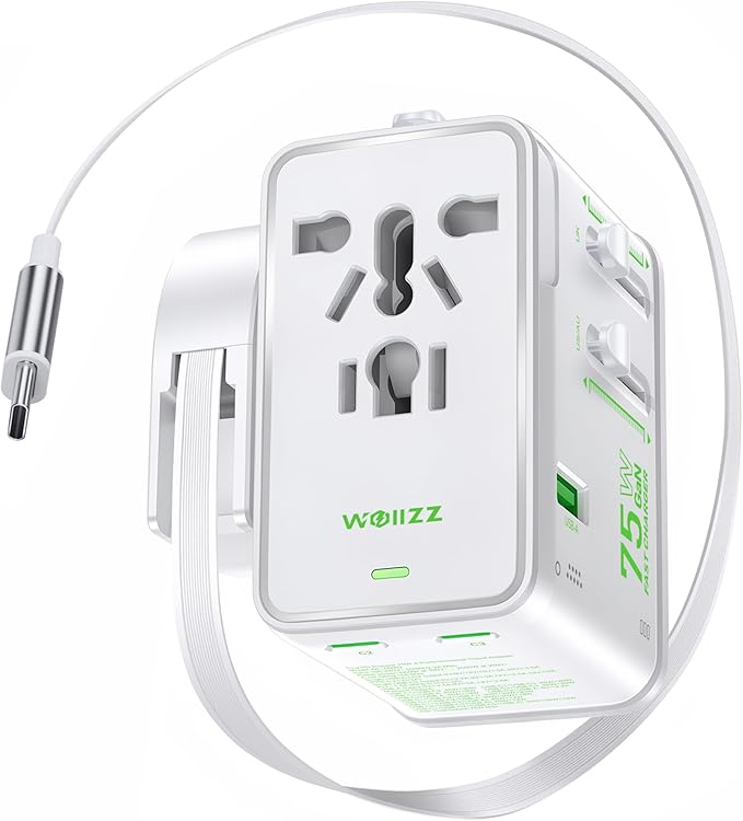 75W Tiny Universal Travel Adapter with 70cm Retractable Cable, GaN Fast Charging European Plug Adapter, 5 Ports (1 AC, 1 USB-A, 3 USB-C), with Smart Chip for Over 200 Countries, PD&QC Charger