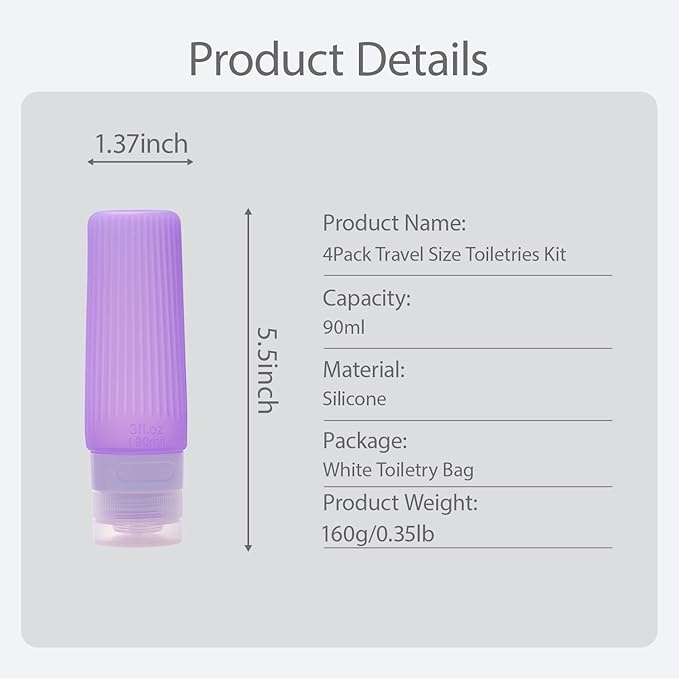 Travel Bottles for Toiletries, TSA Approved Silicone Travel Containers for Toiletries, Leak Proof 3 oz Refillable Bottles for Shampoo, Conditioner, Translucent Pastel Color (4 Pack)