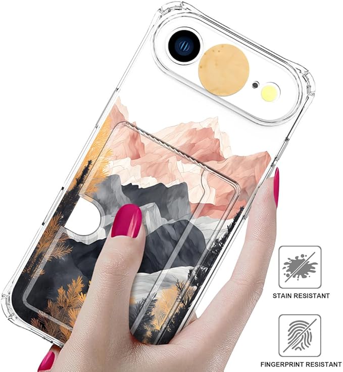 Compatible with iPhone 17 Air Case Card Holder for Women Cute Design,Wallet Phone Cases Transparent Cool Kawaii Protective (Clear Mountain Hill Landscape)