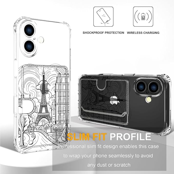 Compatible with iPhone 16 Case Card Holder for Women Cute Design,Wallet Phone Cases Transparent Cool Kawaii Protective (Clear Paris City Eiffel Tower)