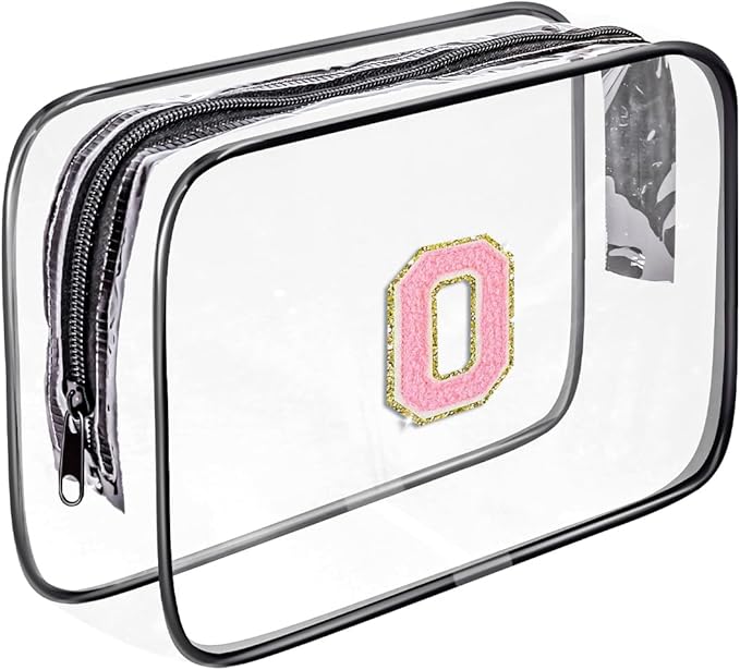 Clear Toiletry Bag,Portable Travel Toiletry Bag,Chenille Letter Cosmetic Bag with Zipper,Waterproof Makeup Bag,Cosmetic Storage Organizer for Women Men,Travel Essentials (Black,O)