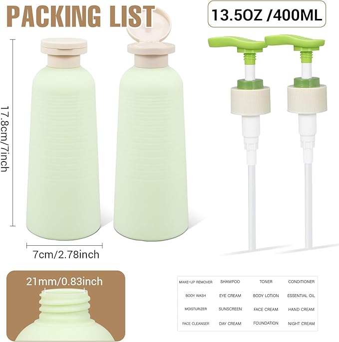 13.4oz Travel Shampoo Bottle with Flip Cap, Refillable Plastic Pump Bottles Dispenser for Soap, Shampoo, Lotions, Liquid Body Wash, Creams and Massage Oil (2 Pack, 13.5oz/400ml)