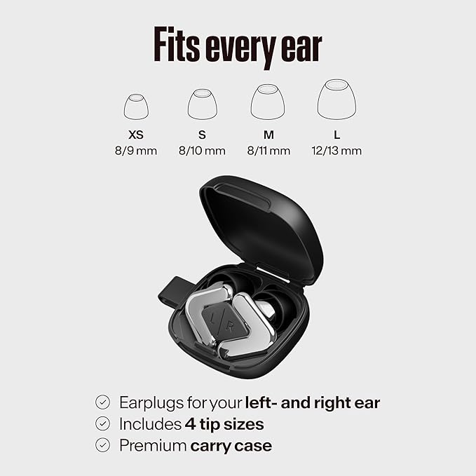 Alpine Tune Earplugs, Concert Ear Plugs for Noise Reduction, High Fidelity Music Quality, 19dB Hearing Protection with Crystal Clear Sound, Incl. 4 Sizes, For Parties, Raves, Festivals & Clubs, Silver