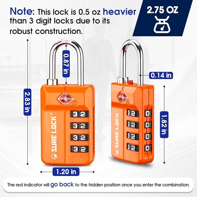 SURE LOCK TSA Approved 4-Digit Resettable Combination Luggage Locks with Open Alert, Easy-Read Dials - for Luggage, School Lockers, Gym, Office, Toolbox & Security Cases (Orange 2 Pack)