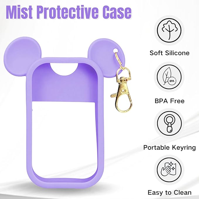 Mouse Design Silicone Case Compatible with Touchland Hand Sanitizer Spray 1 fl oz, Silicone Protective Case Holder with Keychain for Power Mist and Glow Mist, Purple