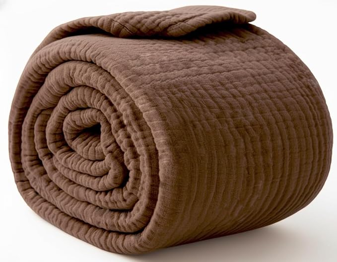 KyraHome 100% Cotton Throw Blankets, 90“x90” Queen, Organic Cotton Muslin Blanket, Plant Dyed, Breathable Lightweight Gauze Blankets for Adults, Bed, Couch, All Season, (Brown)