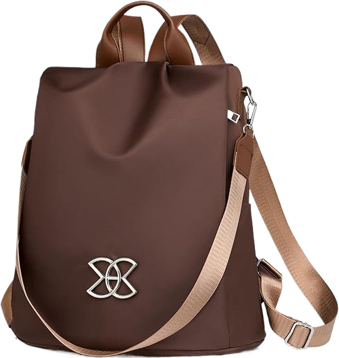 Anti-Theft Backpack for Women Brown Nylon Stylish Anti-Theft Bags for Women with Detachable Hook Lightweight Large Capacity Backpack for Travel Daily