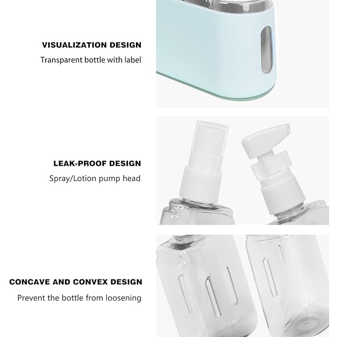 Songaa 4 in 1 Travel Containers - Leak Proof Refillable Plastic Bottles for Toiletries, Shampoo & Conditioner - Blue