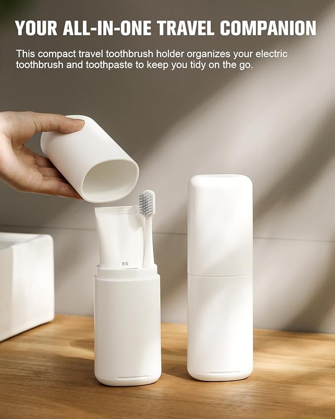 FERYES Travel Toothbrush Holder – 3-in-1 Portable Organizer with Draining Lid & Mouthwash Cup (White)