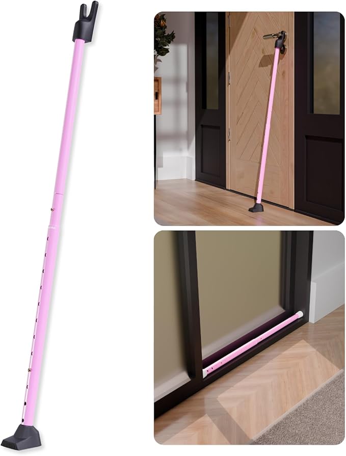SECURITYMAN 3-in-1 Door Security Bar, Security Door Stoppers & Door Barricade – Heavy Duty Adjustable Iron Security Lock Bar for Home Defense, Apartment & Travel Safety (1 Pack - Pink)