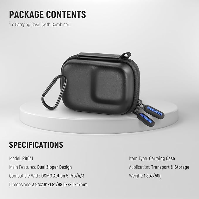 NEEWER Carrying Case Compatible with DJI OSMO Action 5 Pro 4 3, Small Travel Protector Storage Bag with Carabiner Compatible with GoPro Hero 13 12 Insta360 Ace Pro 2 Action Camera Accessories, PB031