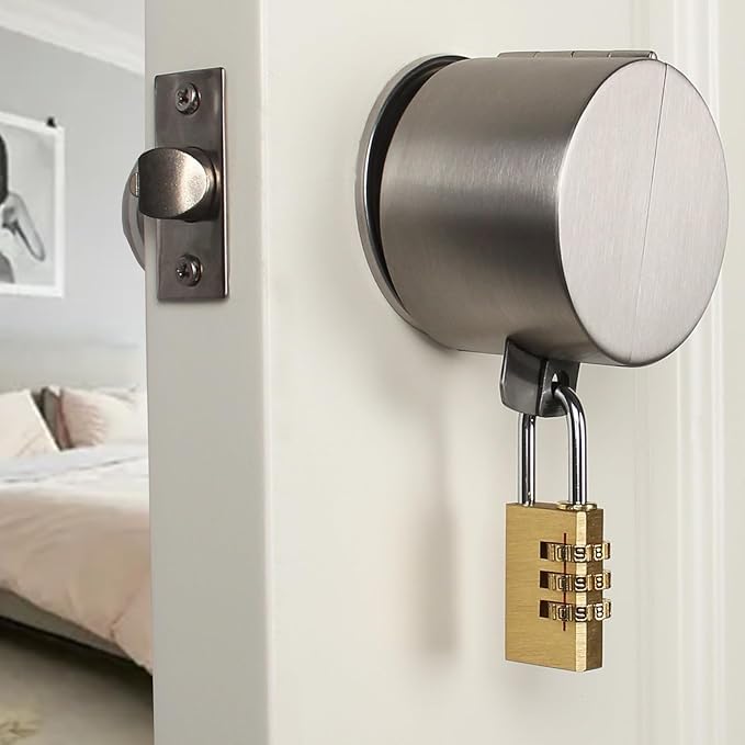 Door Knob With Lock,Without Drilling ,Dementia Door handle lock，From Outside Prevents Turning of Door Knob and Access to Keyhole,for Apartment Evictions，Childproof (Stainless steel with padlock)