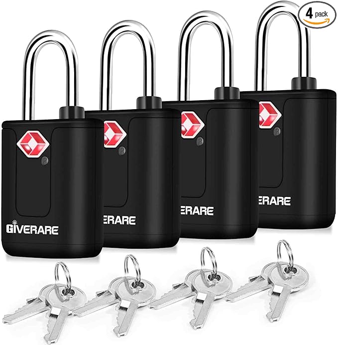 4 Pack TSA Approved Travel Luggage Locks with Keys, Keyed Suitcase Padlock, Zipper Small Locks, TSA Accepted Compatible Padlocks for Suitcase, Backpack, Gym Locker, Jewelry Box, Anti Theft-Black