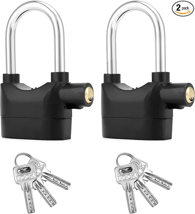 QWORK Alarm Lock, 110 Db Universal Security Alarm Lock System Burglar Door Motor Bike Padlock with 6 Keys (Black), 2 Pack