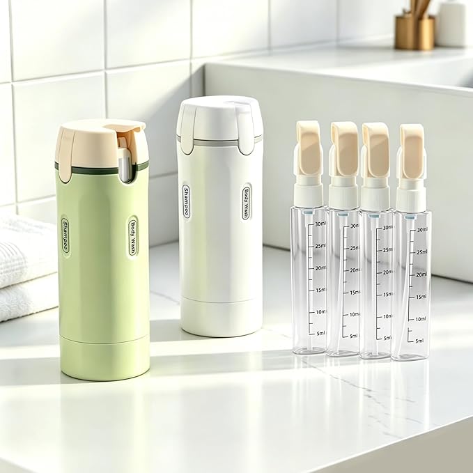 4 in 1 Travel Dispenser Bottle Leakproof Refillable Travel Bottles for Toiletries Portable Size Containers for Shampoo Lotion Cosmetics Travel Essentials for Women Men (White)