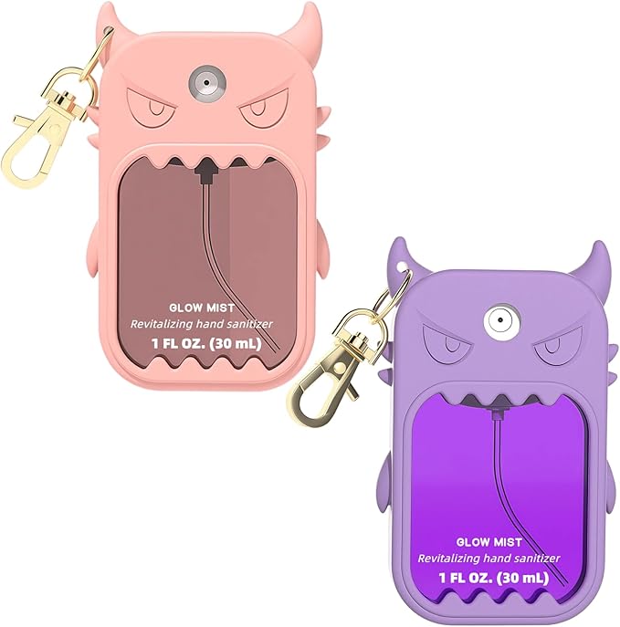 Hand Sanitizer Case Compatible with Touchland, Cute Monster Silicone Holder Keychain 1 Fl Oz, 2 Pcs Pink & Purple
