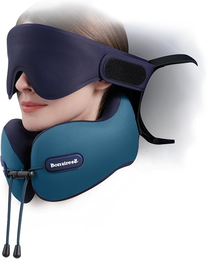 Travel Pillow, Neck Pillow Airplane with 3D Eye Mask & Seat Strap for Long Flight Sleep Road Trip, Dual-Density Supportive Foam, 360°Support Head, Neck & Chin Travel Essentials Aqua & Purple