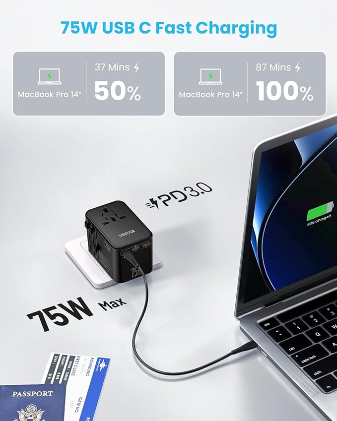 Universal Travel Adapter, VINTAR 75W GaN International Power Adapter with 3 USB-C PD and 2 USB-A QC Charging Ports, All-in-one Outlet Converter Wall Charger for Europe UK USA AUS(Type C/G/A/I), Black