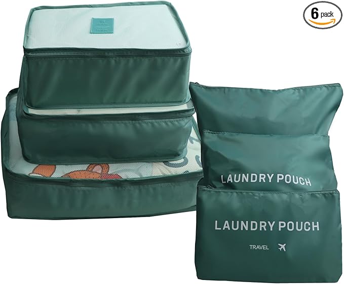 6 Pack Packing Cubes for Suitcases - Compression Luggage Packing Organizers with Laundry Pouch - Travel Storage Bags for Travel Accessories, Clothes, Cosmetics, Toiletries - Dark Green