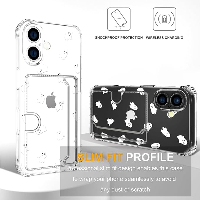 Compatible with iPhone 16 Case Card Holder for Women Cute Design,Wallet Phone Cases Transparent Cool Kawaii Protective (Clear Ghosts Halloween Hallowmas)