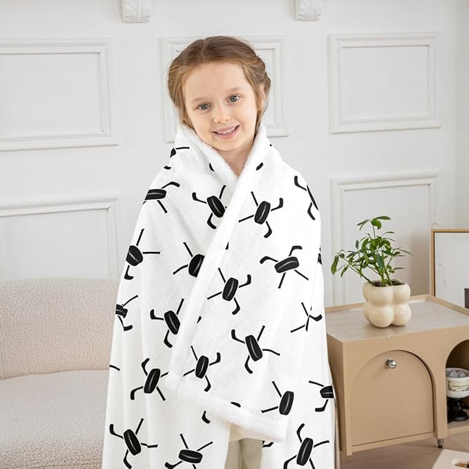 Ice Hockey Kids Throw Blanket,Winter Ball Sports Games Competition Bed Blanket for Girls Boys Adults,Simple Modern Fashion Fleece Blanket,Black White Fuzzy Blanket,Throw Size (50 x 60 Inches)