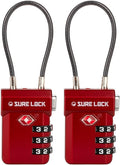SURE LOCK TSA Approved Luggage Locks – 3-Digit Combination Cable Lock with Red Indicator, Large Dial & Easy-Press Button for Suitcases and Backpacks – Multi-Pack & Color Options