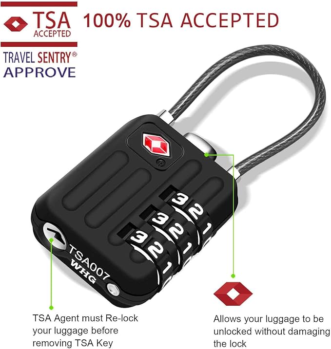 2 Pack TSA Approved Travel Luggage Locks, Metal Cable Combination Lock Alloy, Keyless 3-Digit Padlocks, Weatherproof TSA Accepted Padlock Toolbox Lock for Gym Locker, Golf Bag Case, Backpack, Black