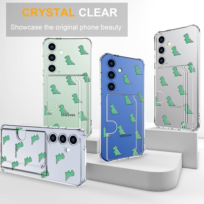 Compatible with Samsung Galaxy S24+ Plus / S25+ Plus Case Card Holder for Women Cute Design,Wallet Phone Cases Transparent Cool Kawaii Protective (Clear Lovely Dinosaurs Animal)