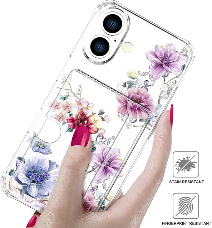 Compatible with iPhone 16 Case Card Holder for Women Cute Design,Wallet Phone Cases Transparent Cool Kawaii Protective (Clear Wonderful Large Flowers)