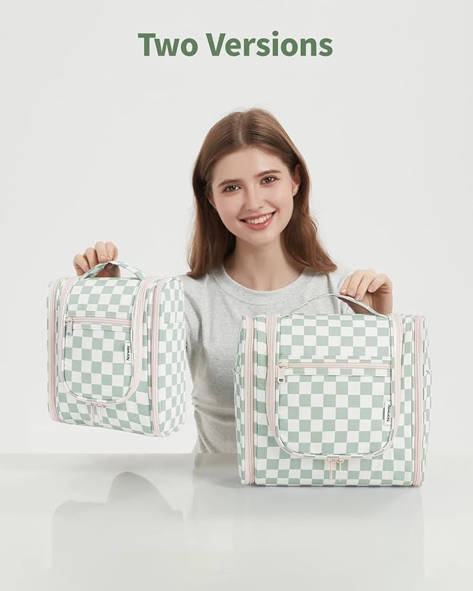 Narwey Travel Toiletry Bag for Women, Checkered Large Hanging Makeup Bag Organizer Cosmetic Make up Bags for Women, Travel Bag for Toiletries (Mint Green Checkerboard)