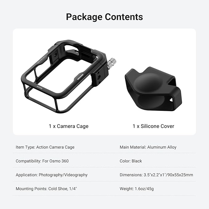 NEEWER Osmo 360 Cage Stabilizer Rig Video for Action Camera Aluminum Alloy with Protective Cover, Compatible with DJI Osmo 360 Combo Accessories and Quick Release Magnetic Ecosystem, AC048