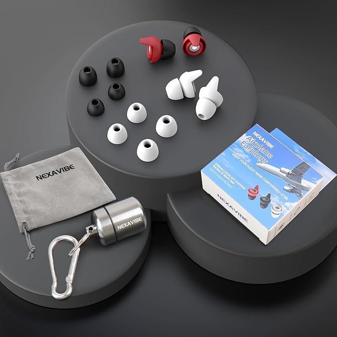 Noise Canceling Earplugs for Airplane: 27dB Reduction, Ear Pressure Relief. 2 Pairs, 3 Sizes (Kids & Adults). Reusable Silicone, Aluminum Case. Ideal for Concerts, Motorcycle, Sleeping