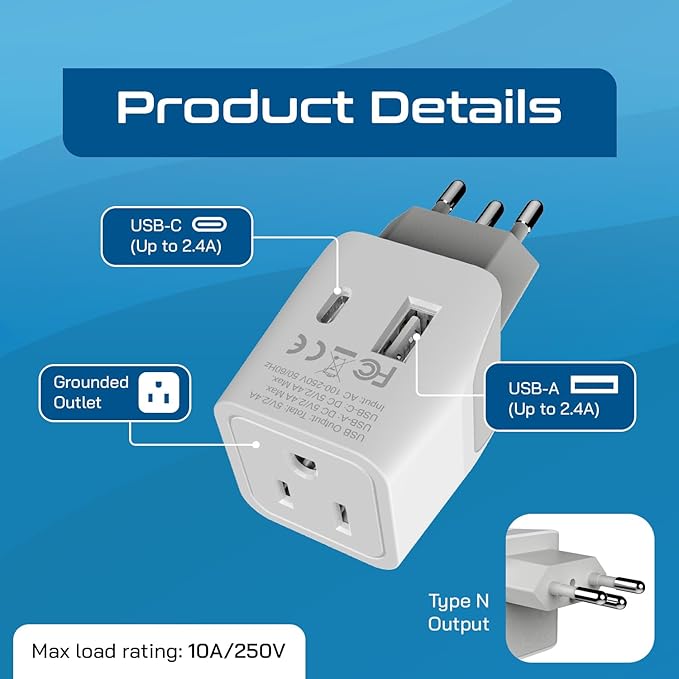 Ceptics Brazil Travel Plug Set - with 2 USB + USA Socket Input - Type C and Type N- Ultra Compact - Safe Grounded Perfect for Cell Phones, Laptops, Camera Chargers
