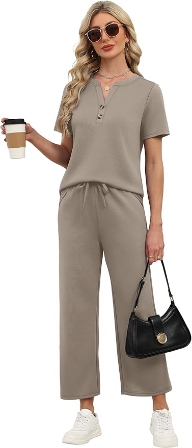 OFEEFAN 2 Piece Sets for Women Spring Fashion Beach Vacation Cruise Outfit Dressy Casual Wide Leg Crop Pants Resort Wear