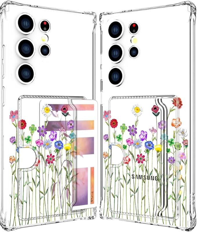 Compatible with Samsung Galaxy S24 Ultra Case Card Holder for Women Cute Design,Wallet Phone Cases Transparent Cool Kawaii Protective (Clear Flower Floral Bouquet)
