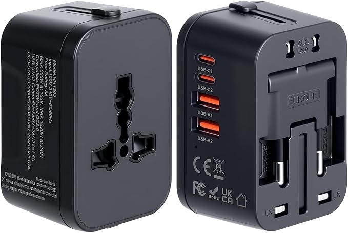 Universal Travel Adapter Fast Charger, Worldwide Plug Adapter 2 USB C PD3.0 & 2 USB-A Quick Charge, All in One International Power Adaptor GaN Smart Wall Charger 4 Ports for Phone Laptop USA EU UK AUS