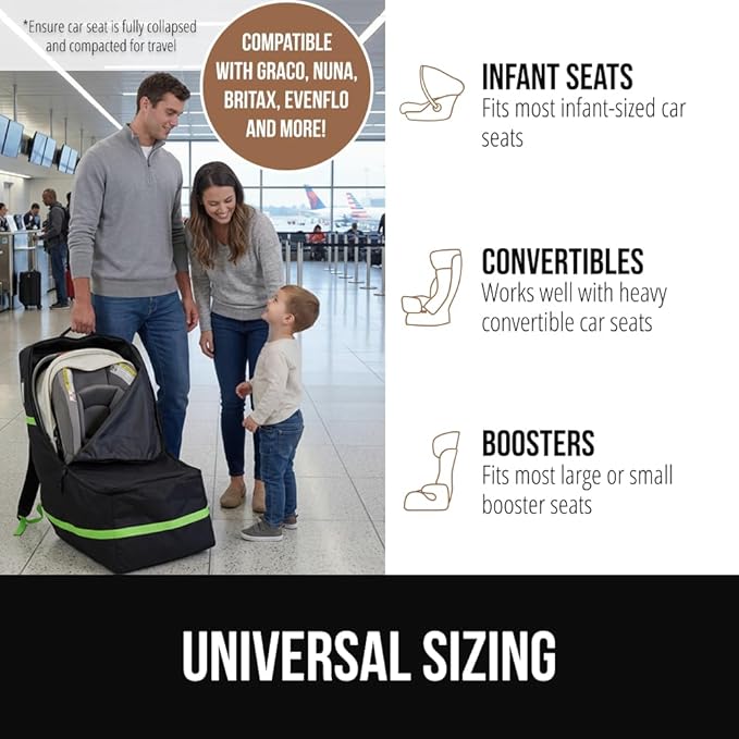 GORILLA GRIP Tear and Water Resistant Padded Car Seat Travel Bag for Airplane and Airport, Universal Fit Baby Carseat Bags, Holds Up to 50lbs, Handle & Shoulder Straps, Air Gate Check Carrier, Green